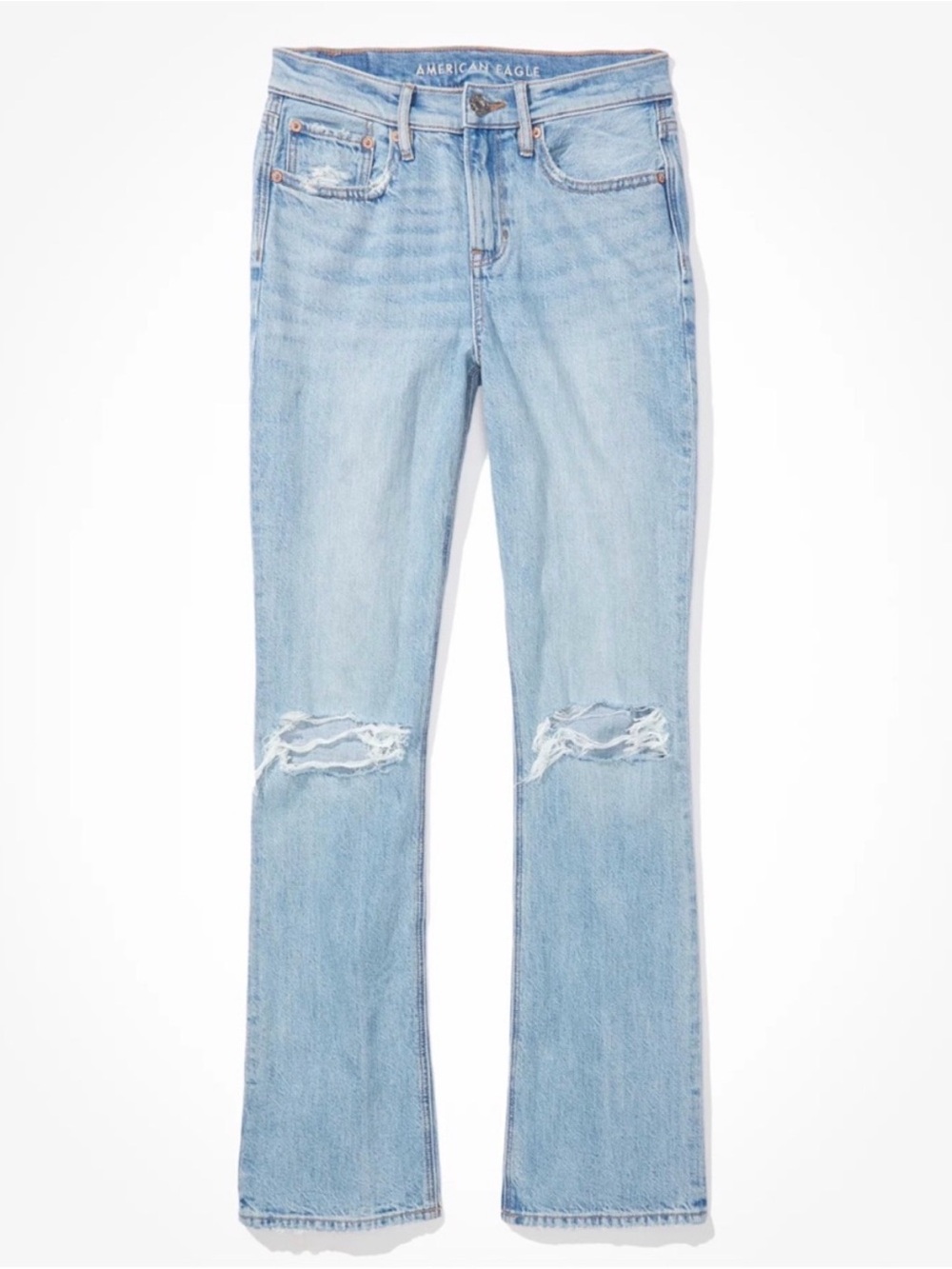 American Eagle, High-Rise Light Wash Distressed Straight-Leg Jeans - Light Blue - Picture 2 of 9
